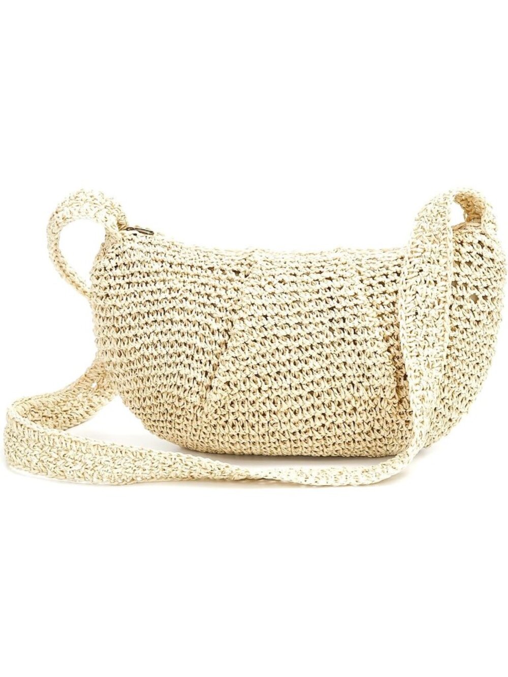 Women's Beige Polyester Zipper Woven Handmade Crossbody Shoulder Handbag
